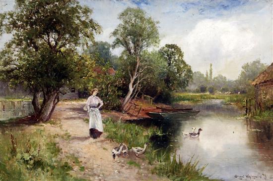 Ernest Walbourn (1872-1927) Lady and geese beside a lake 16 x 24in.